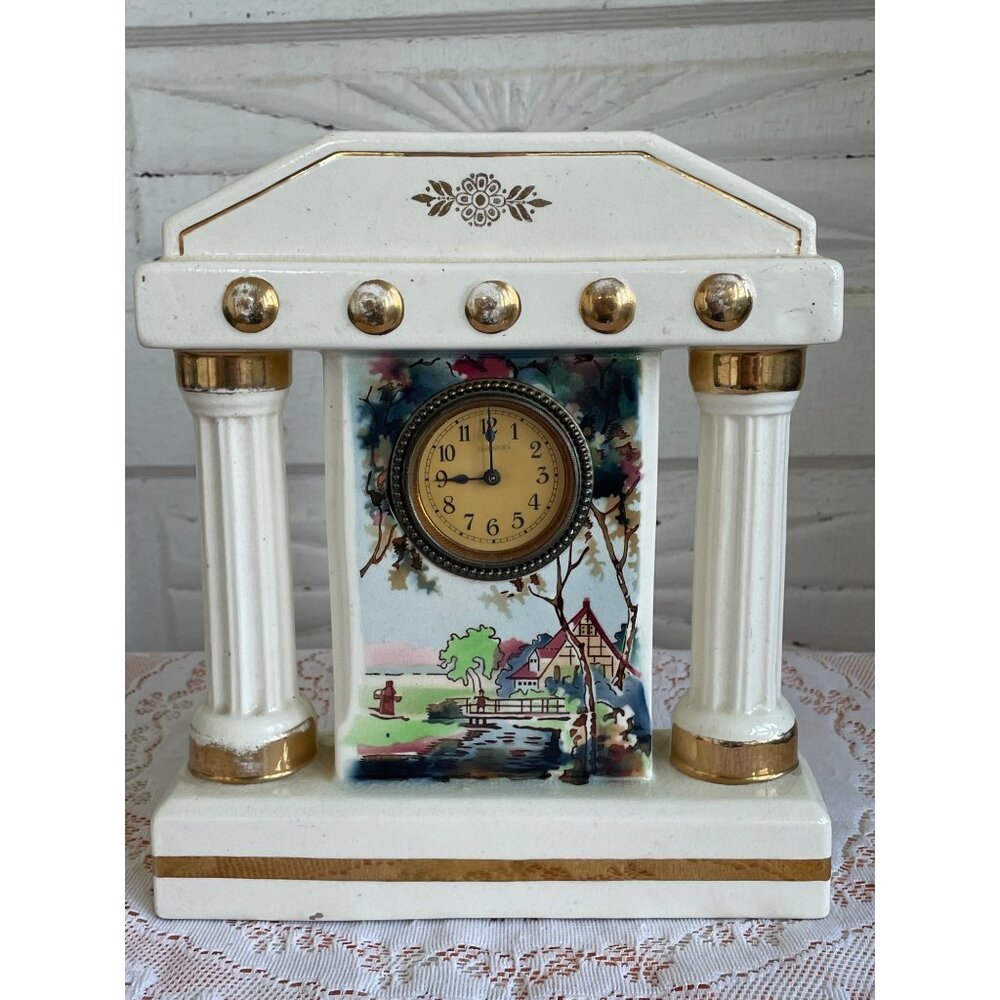 Antique German Mechanical Mantle Clock Pillars Hand Painted Porcelain Not Workin